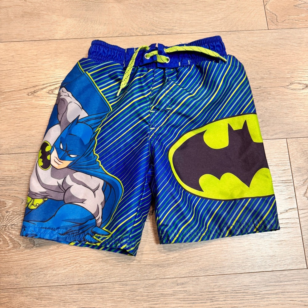 Batman Swim Trunks Boys Swimwear Superhero Lined Size 4 Blue Lime Green